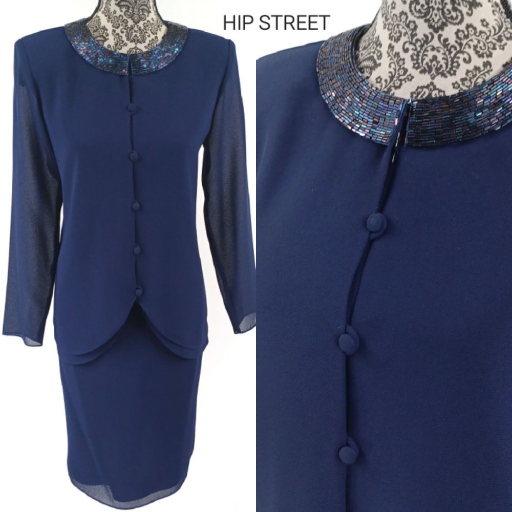 PATRA Petites Beaded Neck Crepe Chiffon 2 Piece Jacket & Skirt Suit 8P